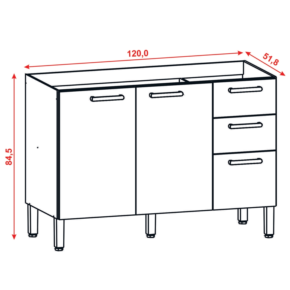 Balcao Para Pia 120cm 3 Portas 2973 Freijo KTP