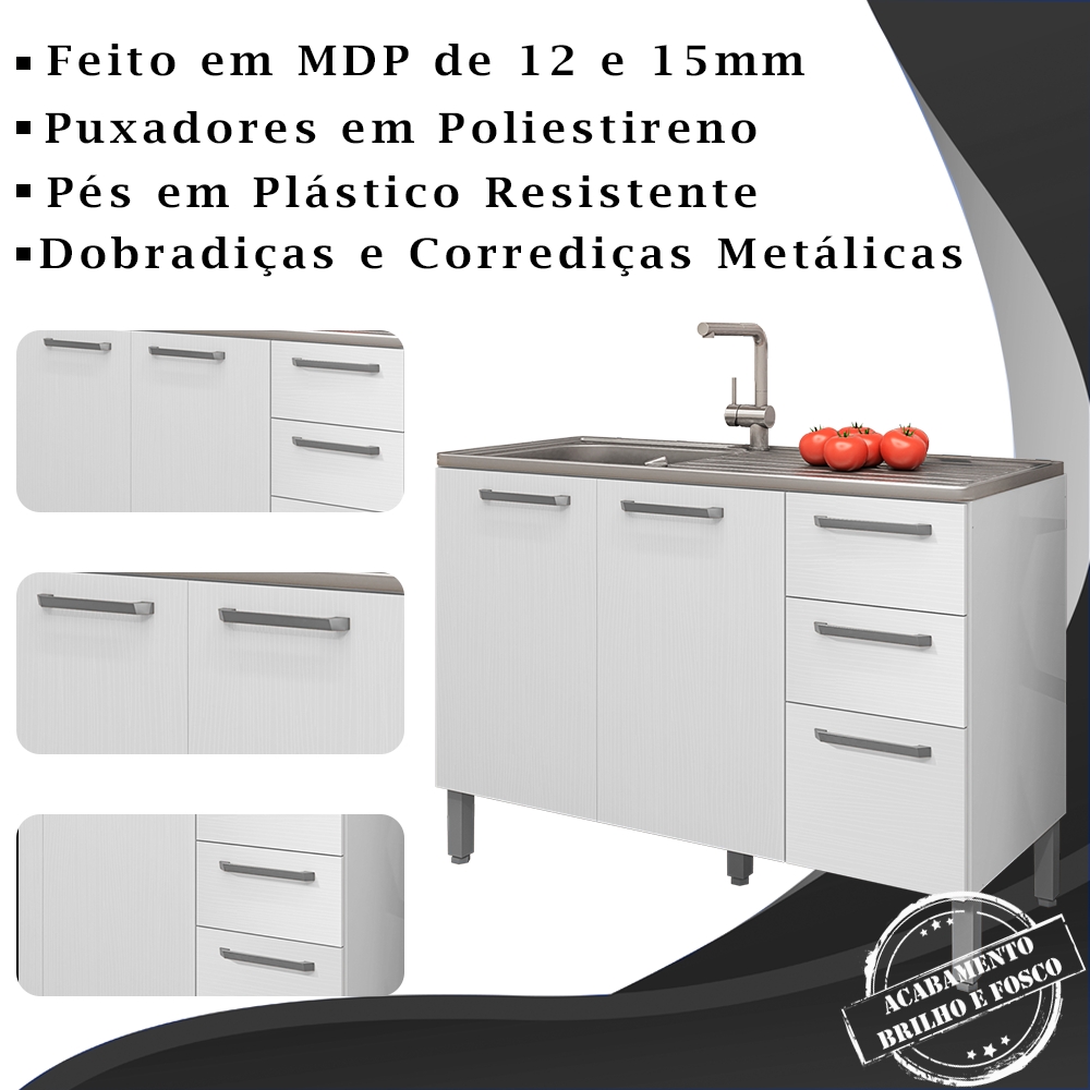 Balcao Para Pia 120cm 3 Portas 2974 Branco Supremo KTP