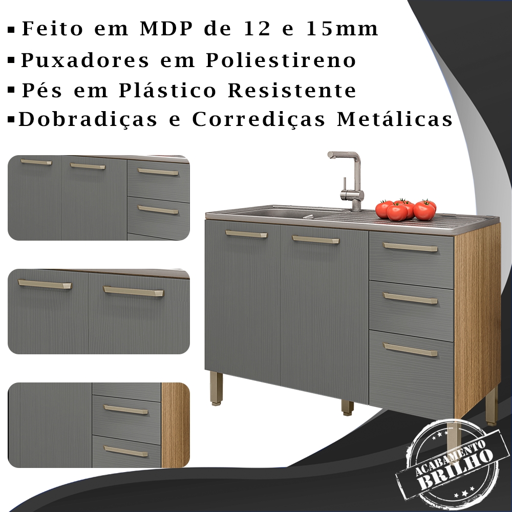 Balcao Para Pia 120cm 3 Portas 2974 Freijo Gris KTP