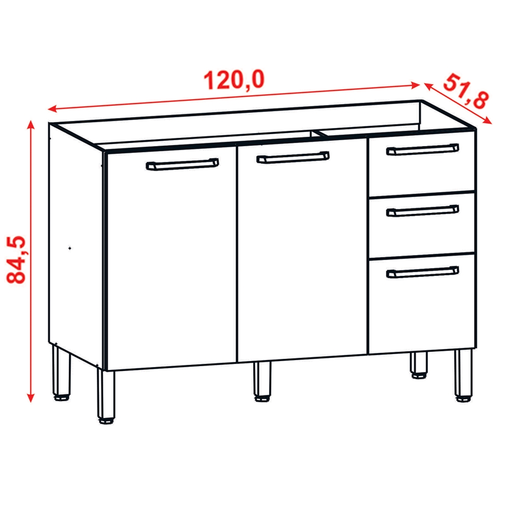 Balcao Para Pia 120cm 3 Portas 2974 Freijo Gris KTP