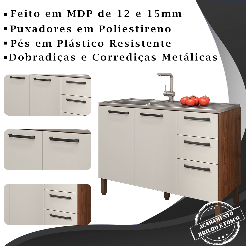 Balcao Para Pia 120cm 3 Portas 2974 Nogueira Off White KTP