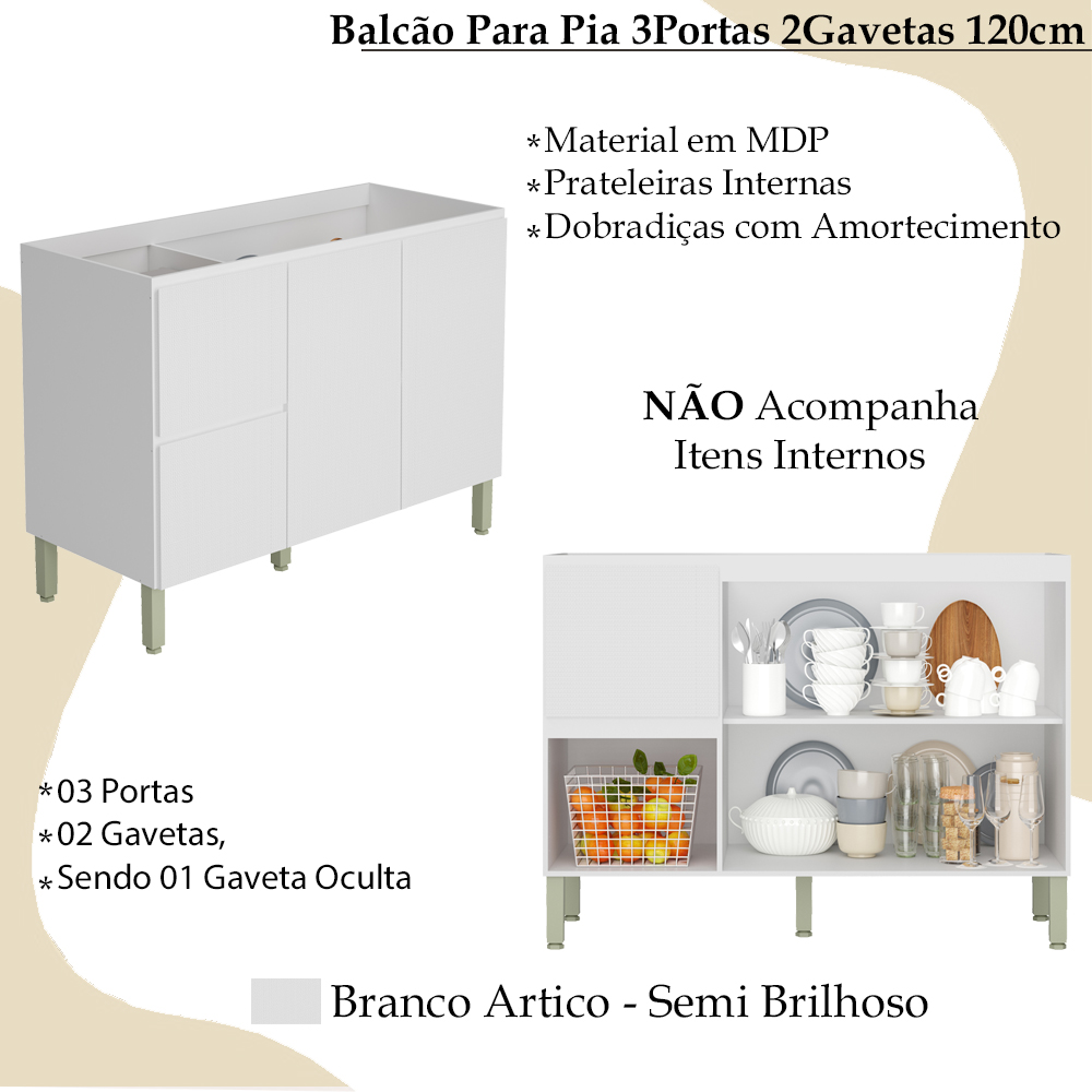 Balcao Para Pia 120cm 3PT 2GAV 3017ART Branco Artico KTP