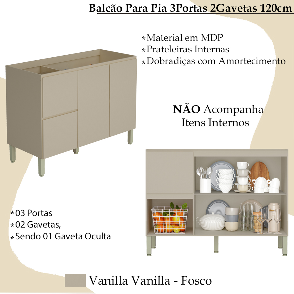 Balcao Para Pia 120cm 3PT 2GAV 3017ART Vanilla Vanilla KTP