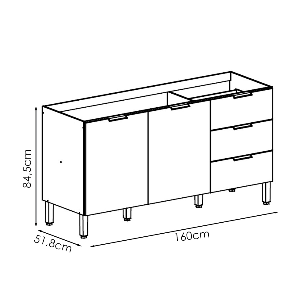 Balcao Para Pia 2 Portas 3 Gavetas 160 cm Glam Freijo KTP