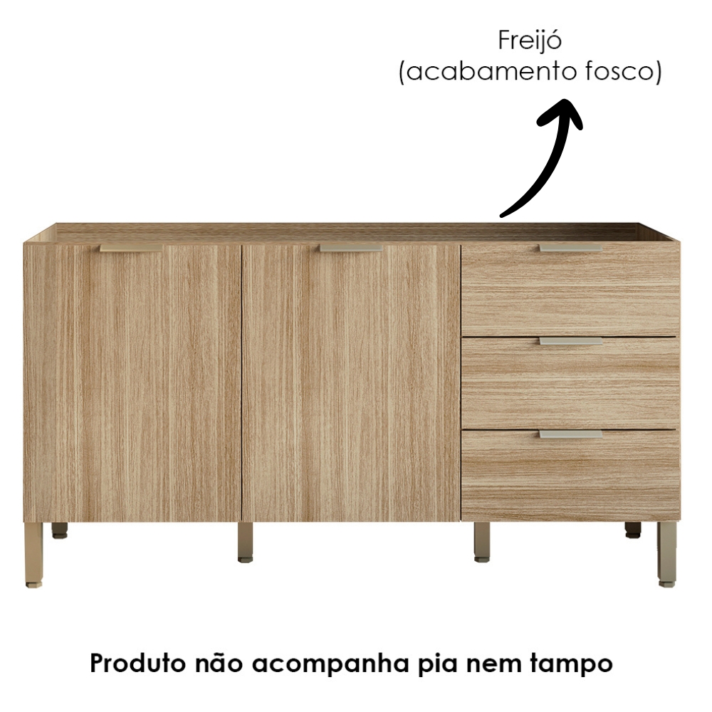 Balcao Para Pia 2 Portas 3 Gavetas 160 cm Glam Freijo KTP