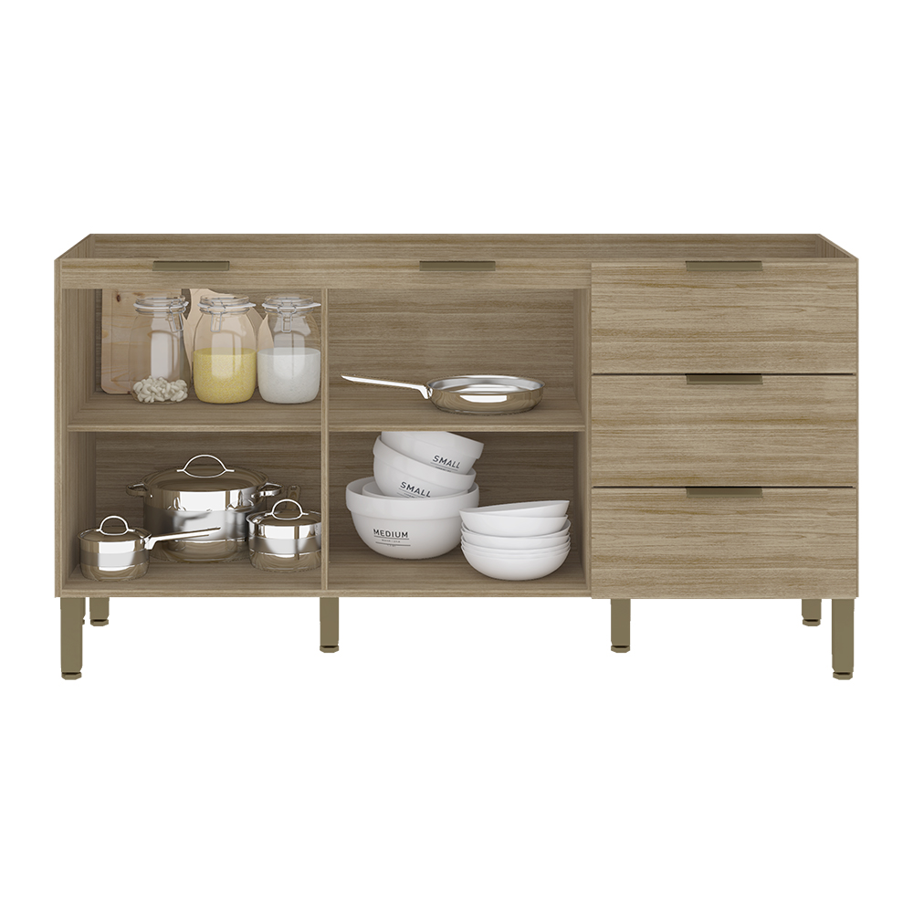 Balcao Para Pia 2 Portas 3 Gavetas 160 cm Glam Freijo KTP