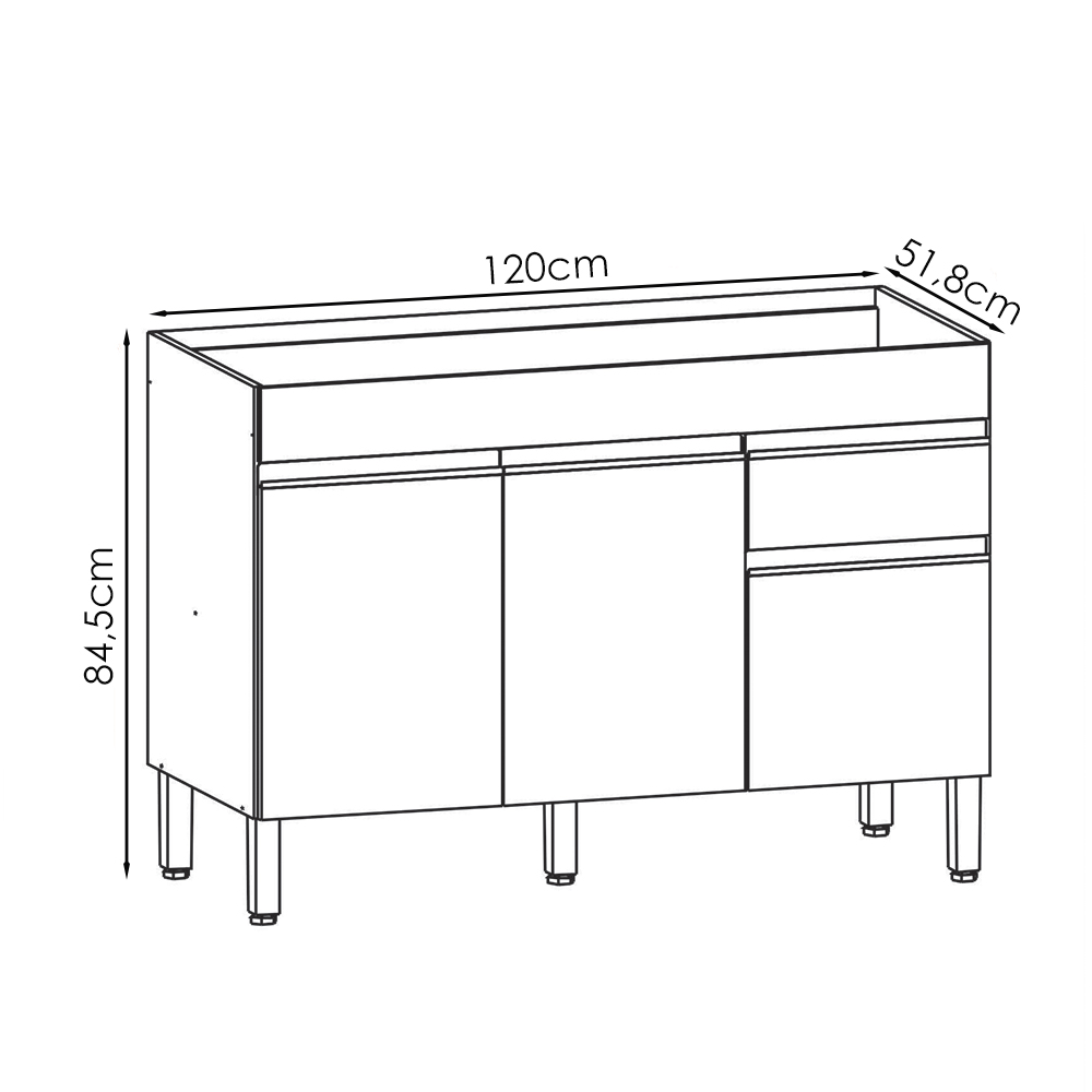 Balcao Para Pia 3 Portas 1 Gaveta 120 cm Line Gris KTP