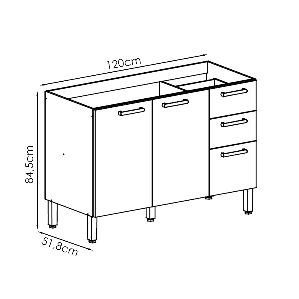 Balcao Para Pia 3 Portas 2 Gavetas 120 cm Urbane Freijo KTP