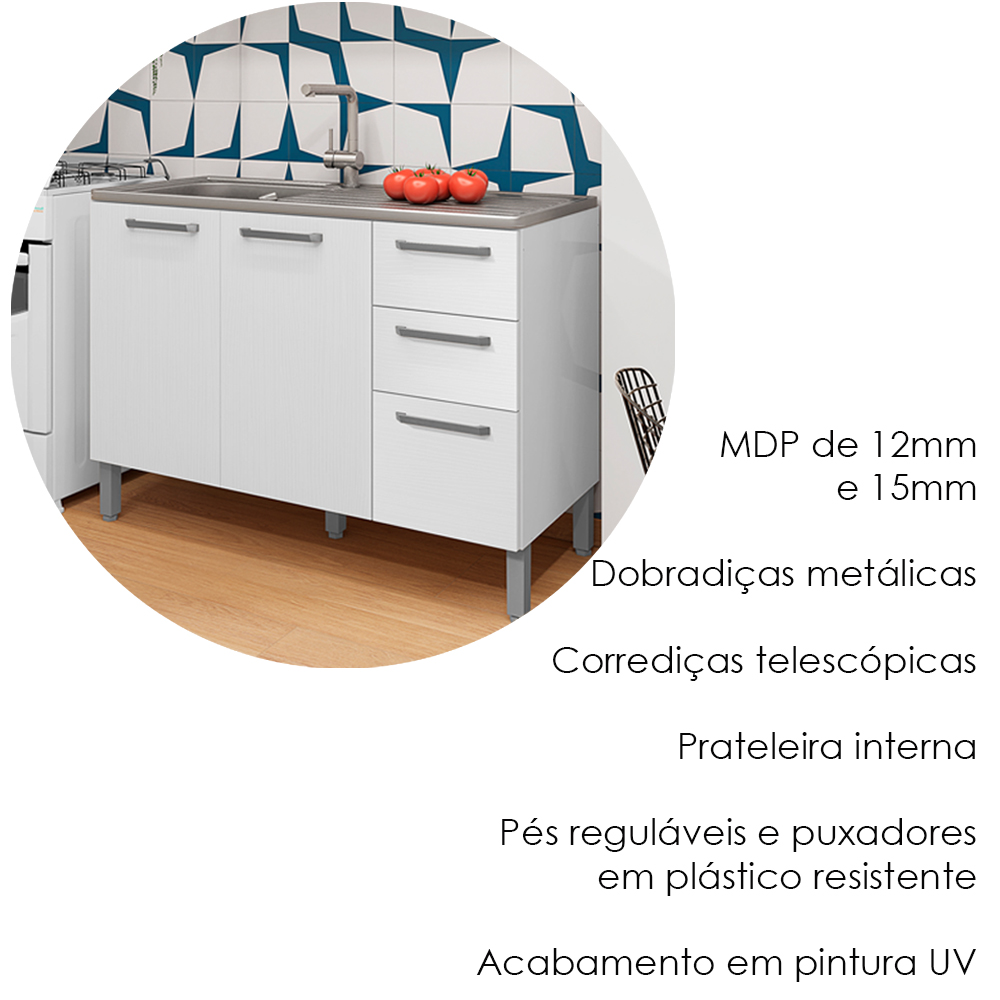 Balcao Para Pia 3P 2G 120 cm Mad Versalhes Branco Supremo KTP