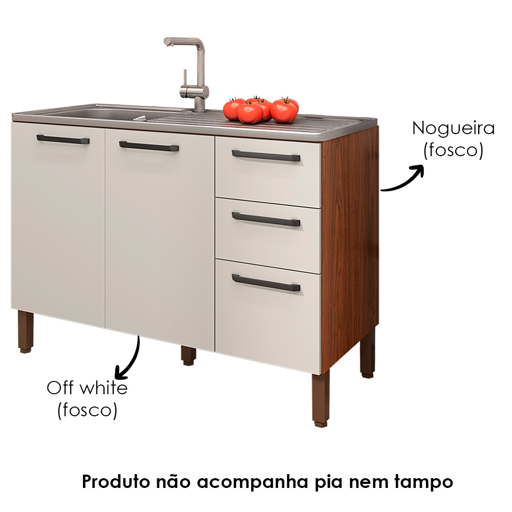 Balcao Para Pia 3P 2G 120 cm Mad Versalhes Nogueira Off White KTP