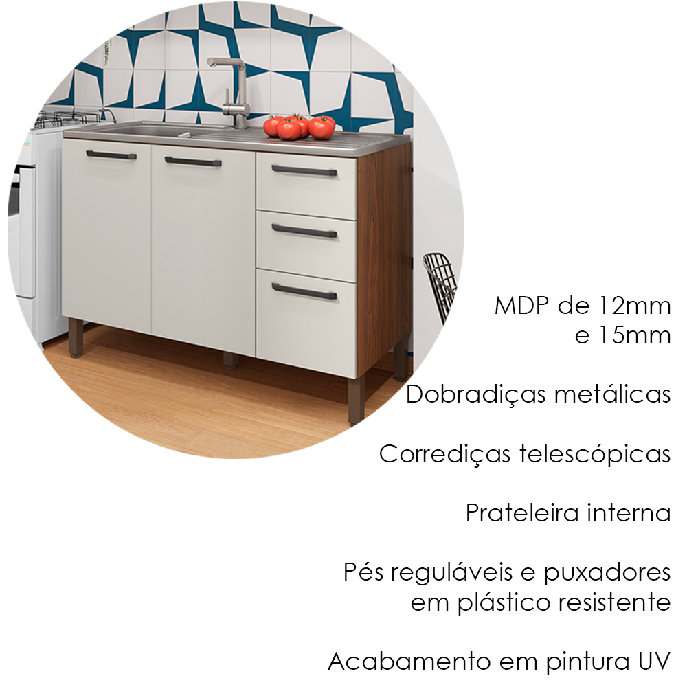 Balcao Para Pia 3P 2G 120 cm Mad Versalhes Nogueira Off White KTP