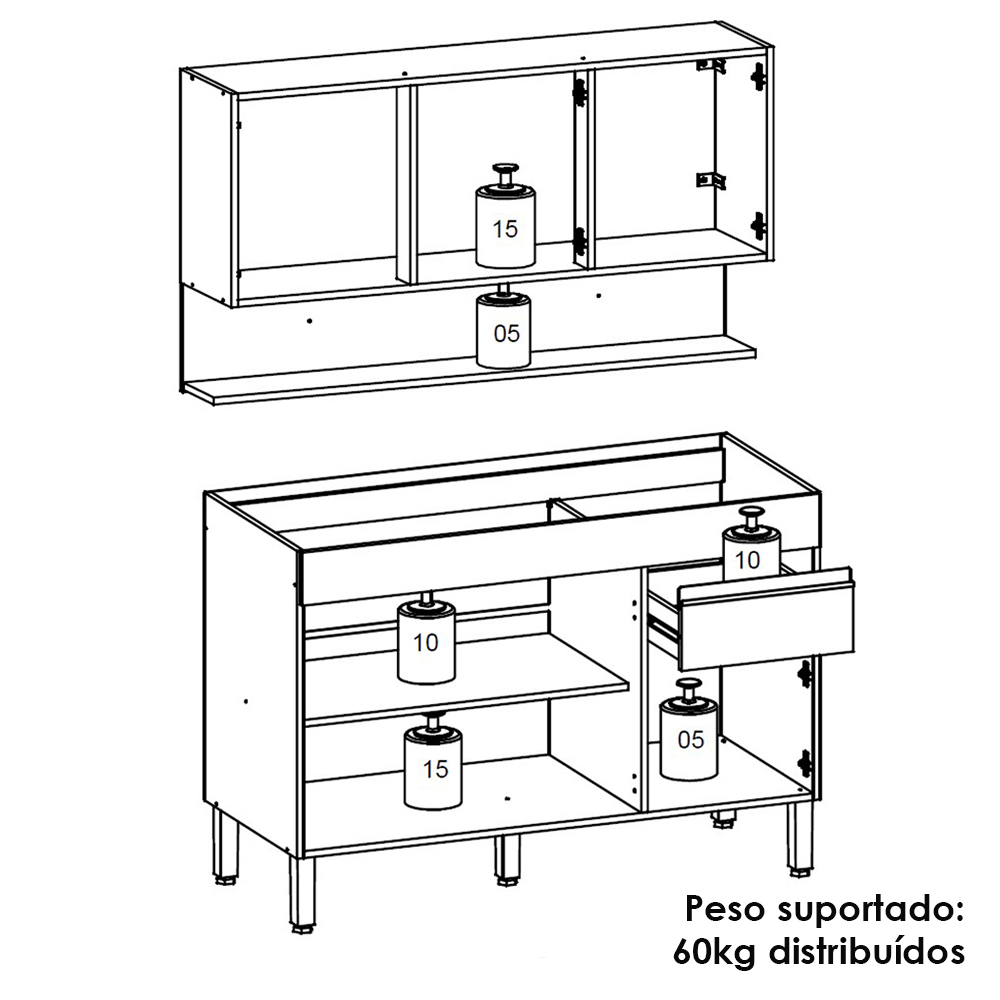 Balcao Para Pia e Armario Aereo 120 cm Line Gris Cp Freijo KTP