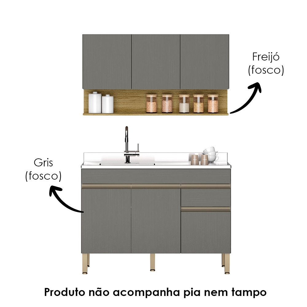 Balcao Para Pia e Armario Aereo 120 cm Line Gris Cp Freijo KTP