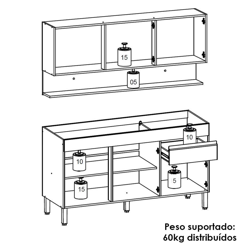 Balcao Para Pia e Armario Aereo 150 cm Line Gris Cp Freijo KTP