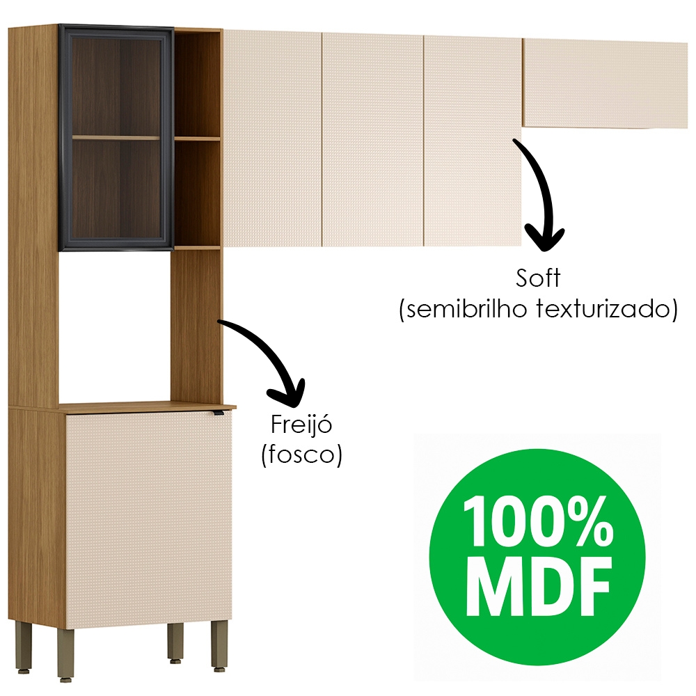 Cozinha 3 Pecas 251 cm MDF Vert Plus Freijo Soft ABS Pto KTP