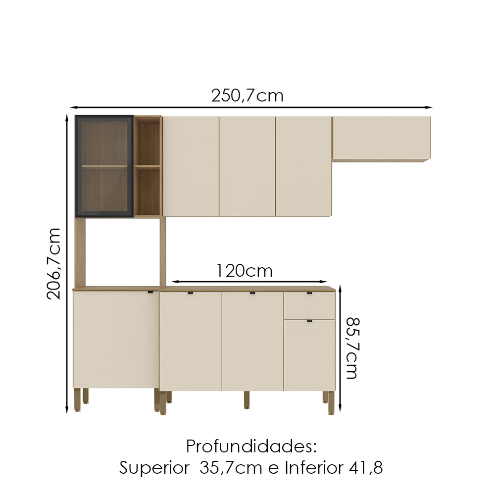 Cozinha 4 Pecas 251 cm MDF Vert Plus Freijo Soft KTP
