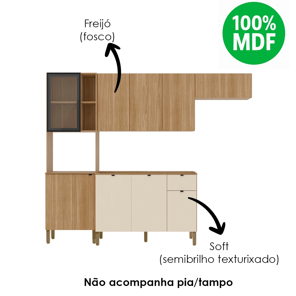 Cozinha Balcao Pia 251 cm MDF Vert Plus Freijo Freijo Soft KTP