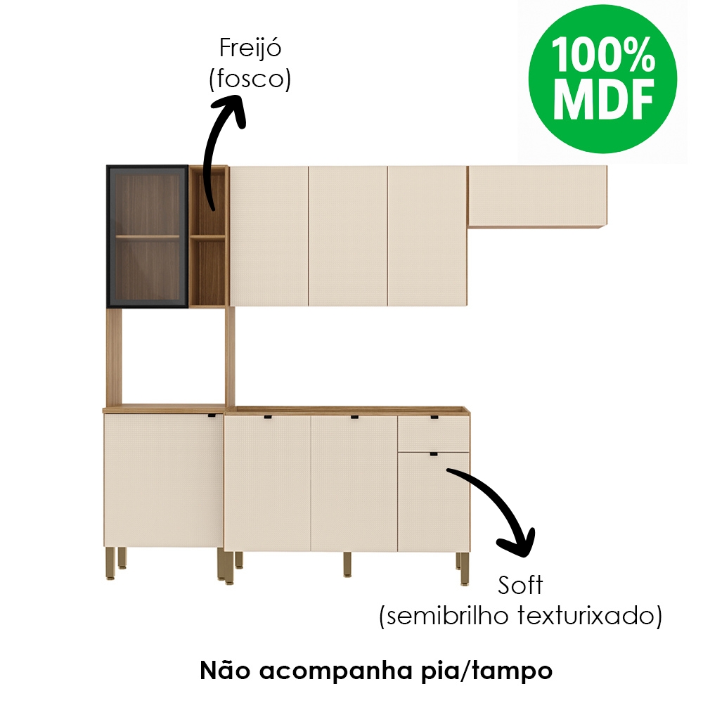 Cozinha Balcao Pia 251 cm MDF Vert Plus Freijo Soft KTP