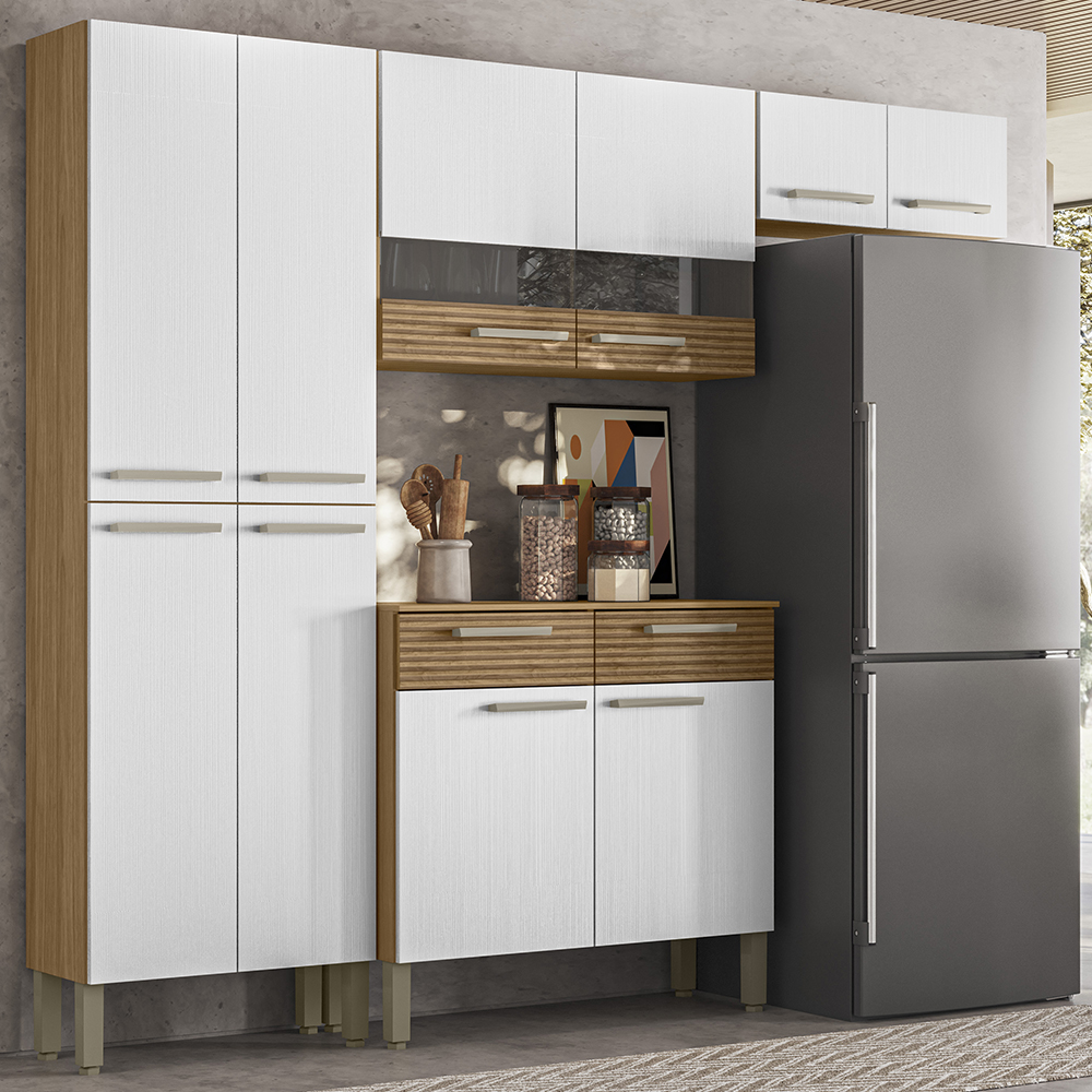 Cozinha Com Balcao Nala 222 cm Freijo Supremo Cp Ripado Freijo KTP