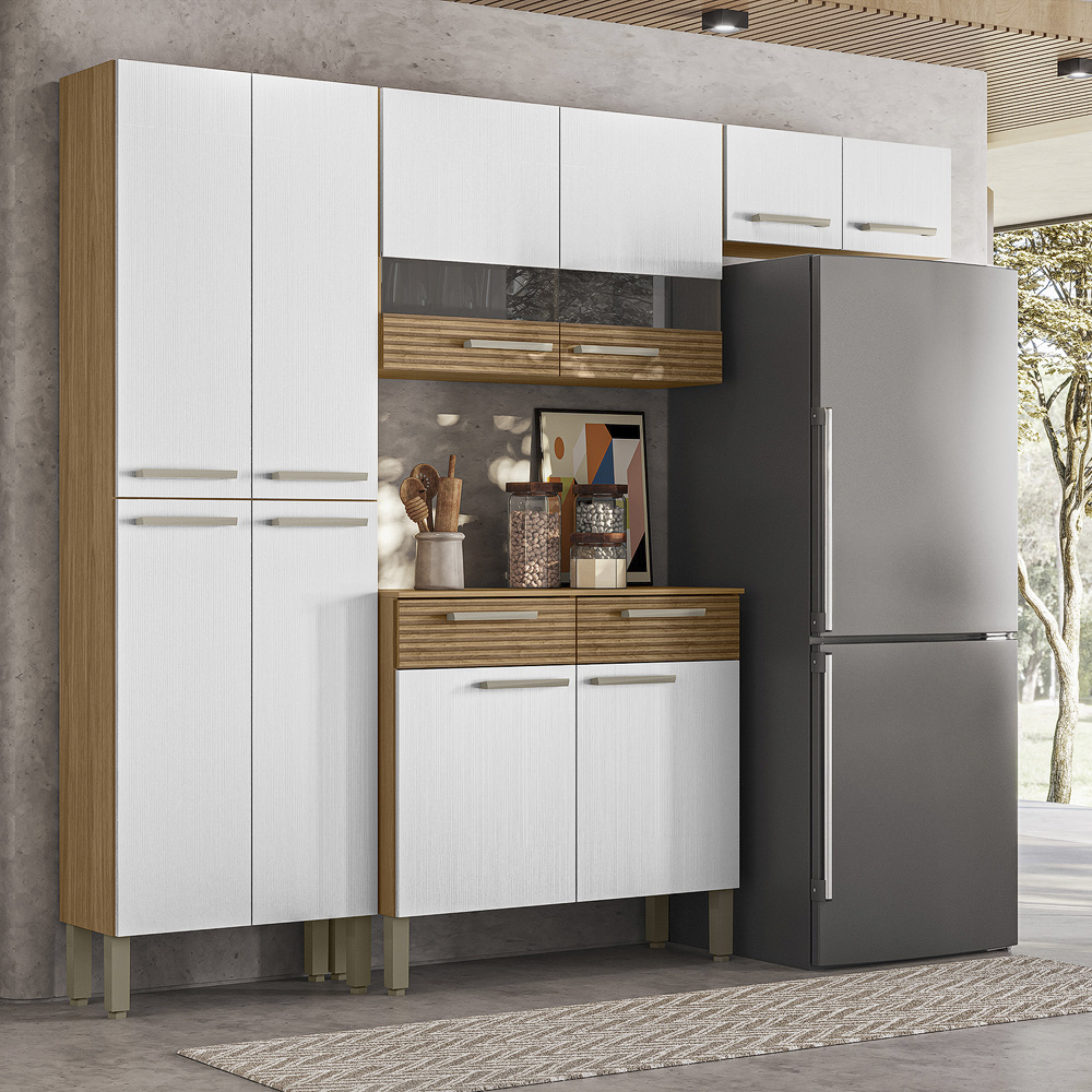 Cozinha Com Balcao Nala 222 cm Freijo Supremo Cp Ripado Freijo KTP