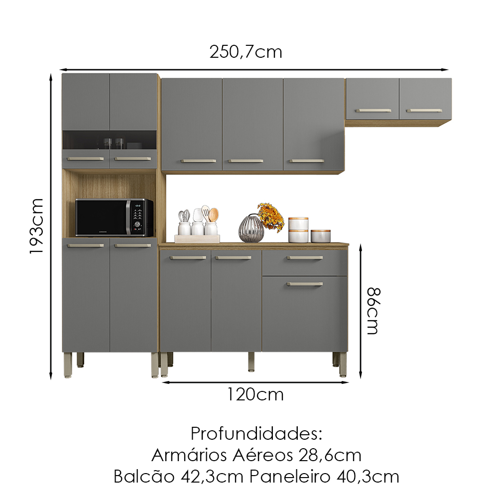 Cozinha Com Balcao Versalhes 251 cm Freijo Gris KTP