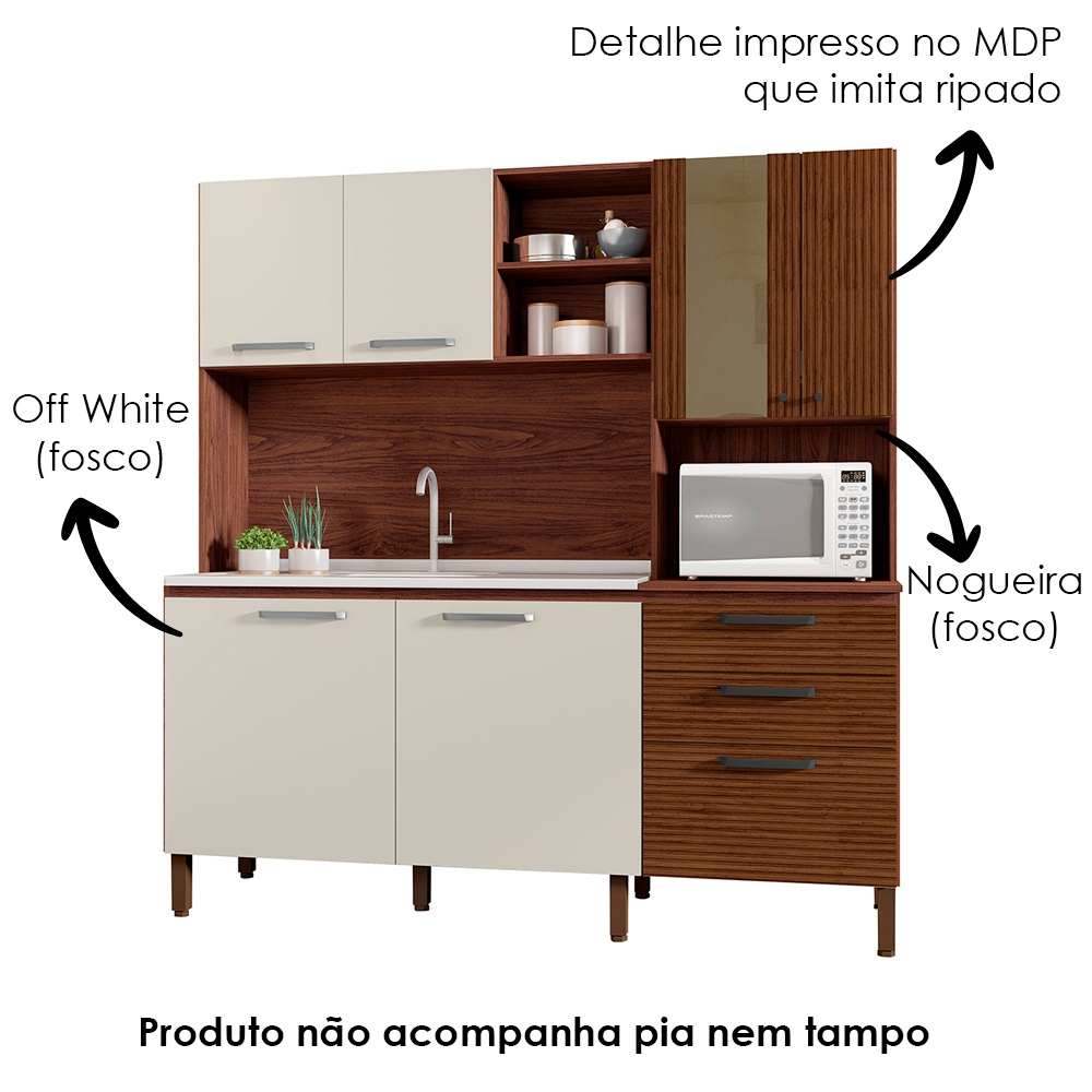 Cozinha Compacta 7P 2G 182 cm Mega Nogueira Off White Cp Ripado KTP