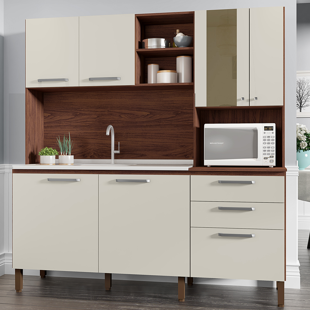 Cozinha Compacta 7P 2G 182 cm Mega Nogueira Off White KTP