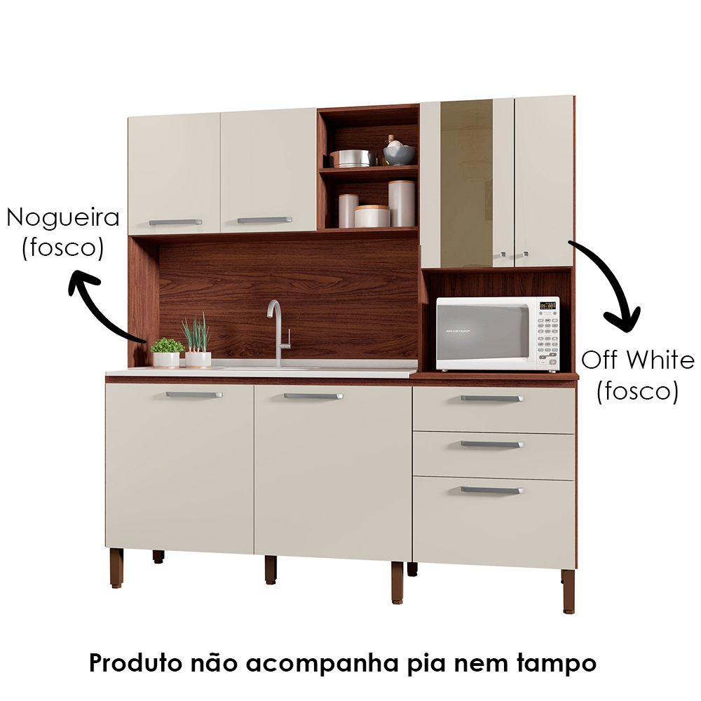 Cozinha Compacta 7P 2G 182 cm Mega Nogueira Off White KTP