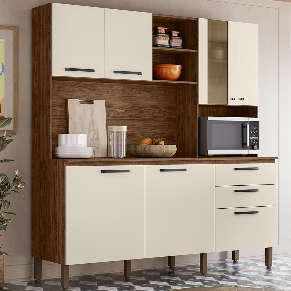 Cozinha Compacta Com Tampo 182 cm Mega Nogueira Off White KTP