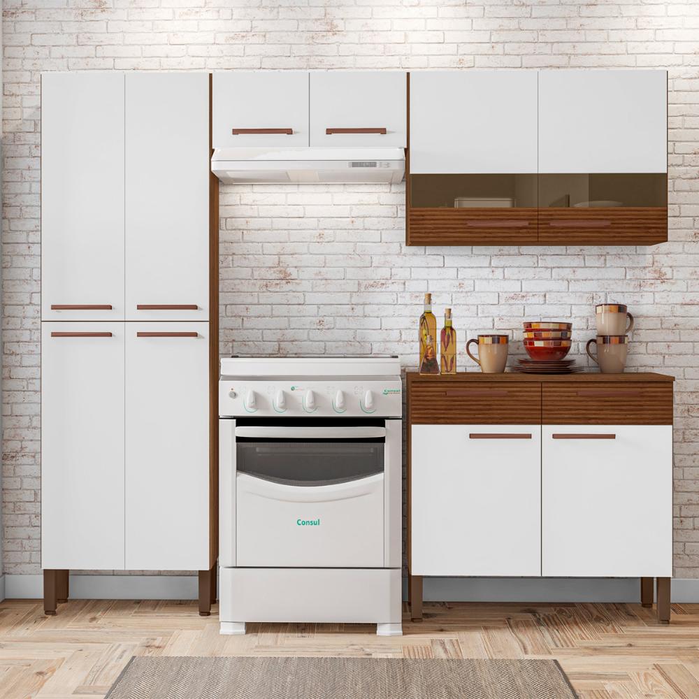 Cozinha Completa Compacta 10 Portas e 2 Gavetas Nogueira Branco Cp Ripado Nala Kits Paraná