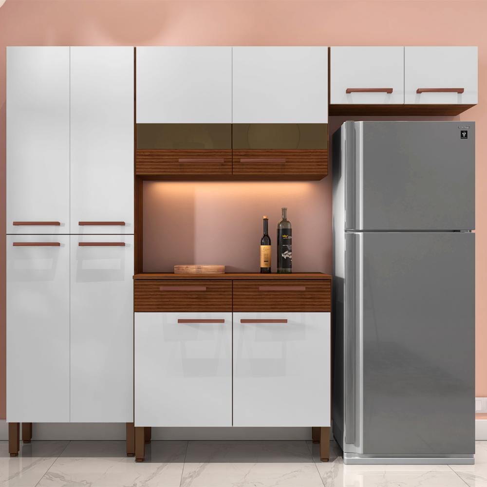 Cozinha Completa Compacta 10 Portas e 2 Gavetas Nogueira Branco Cp Ripado Nala Kits Paraná