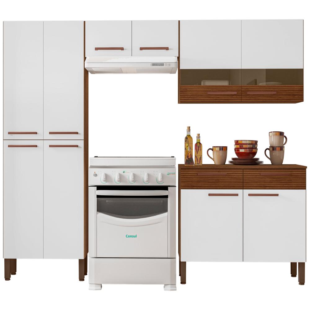 Cozinha Completa Compacta 10 Portas e 2 Gavetas Nogueira Branco Cp Ripado Nala Kits Paraná