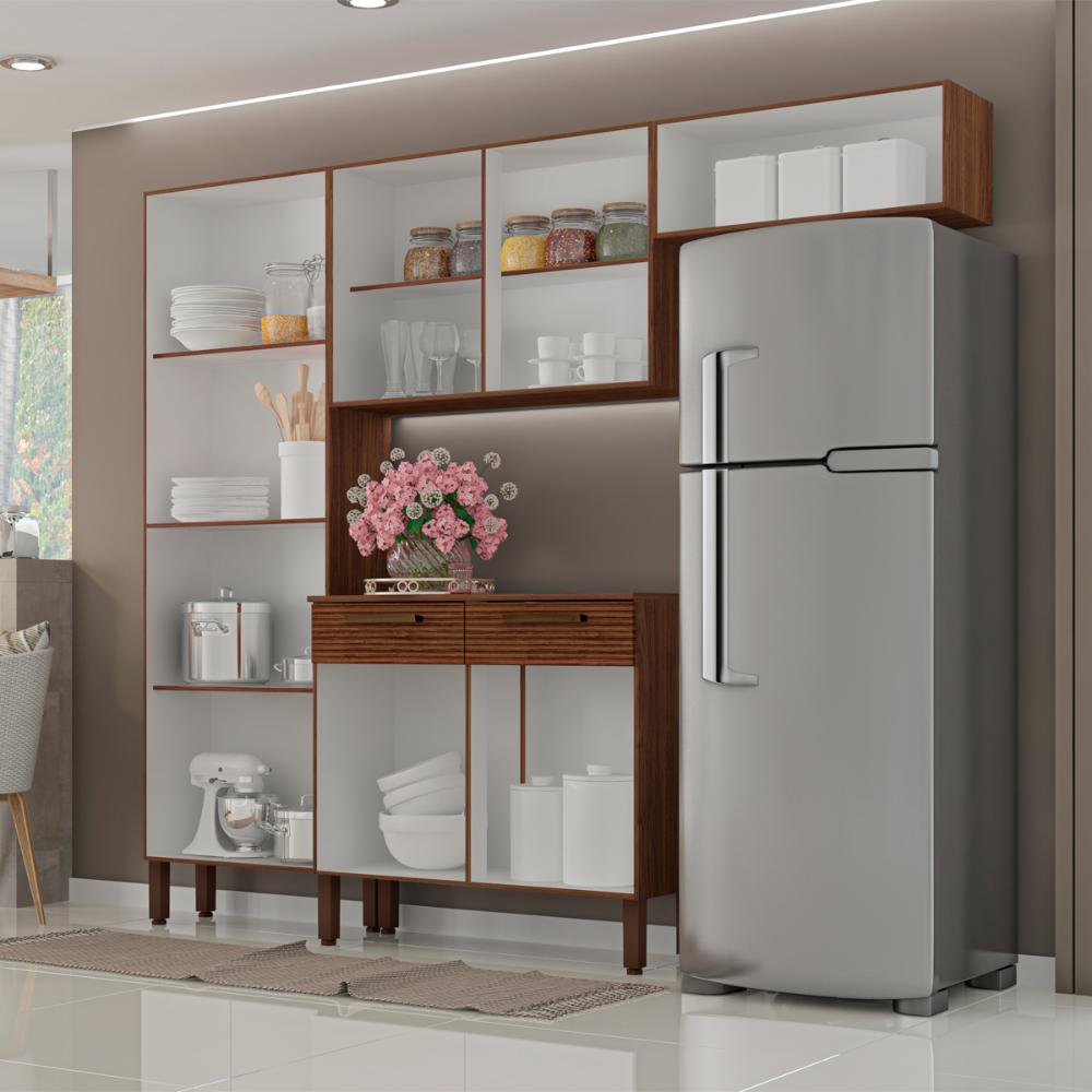 Cozinha Completa Compacta 10 Portas e 2 Gavetas Nogueira Branco Cp Ripado Nala Kits Paraná