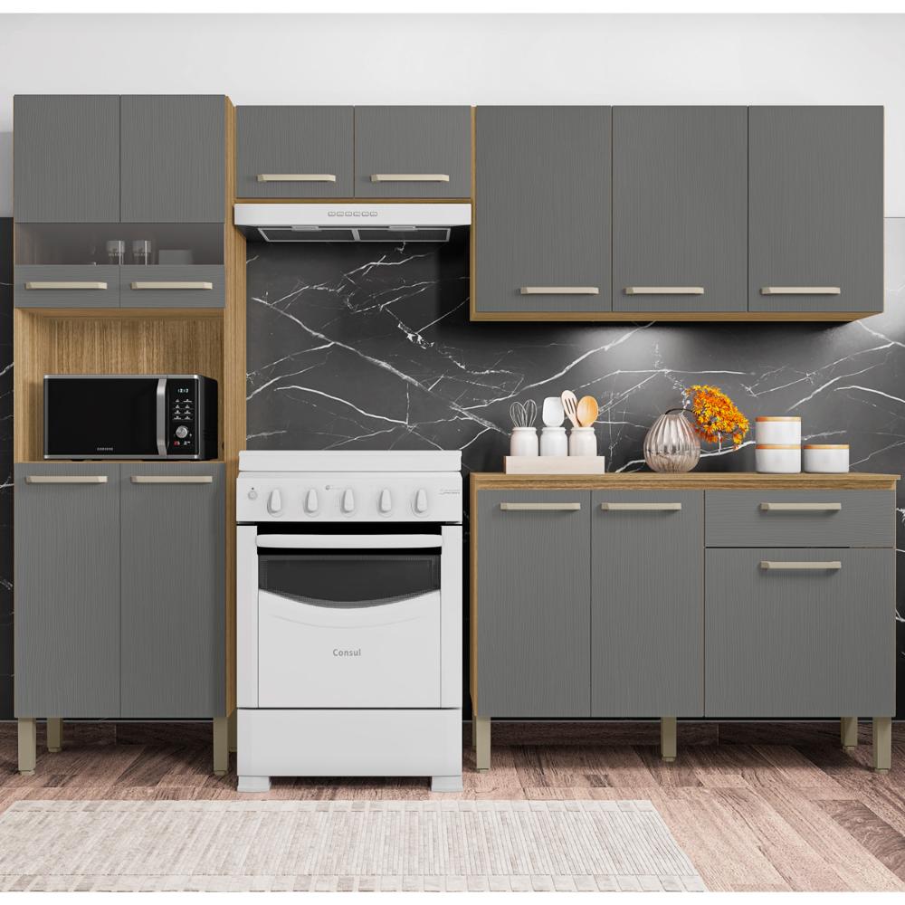 Cozinha Completa Compacta 12 Portas e 1 Gaveta Freijó Gris Versalhes Kits Paraná