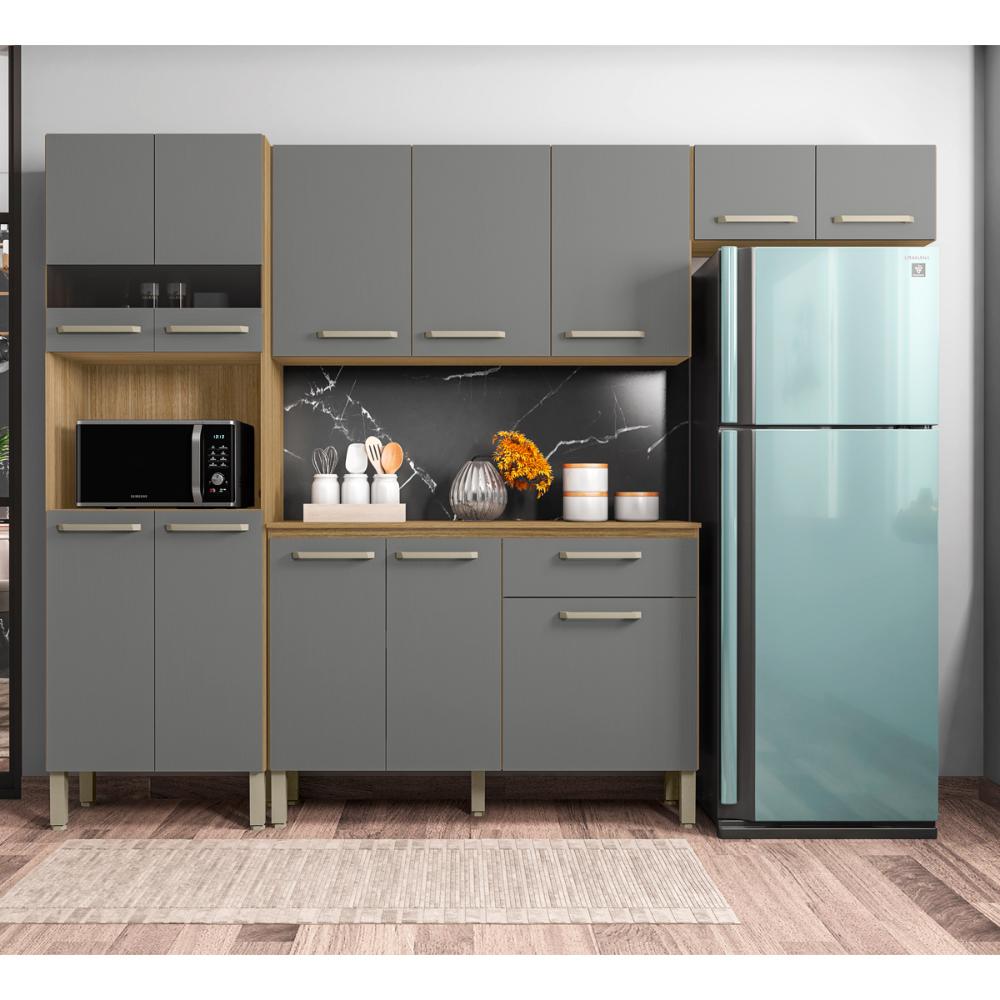 Cozinha Completa Compacta 12 Portas e 1 Gaveta Freijó Gris Versalhes Kits Paraná