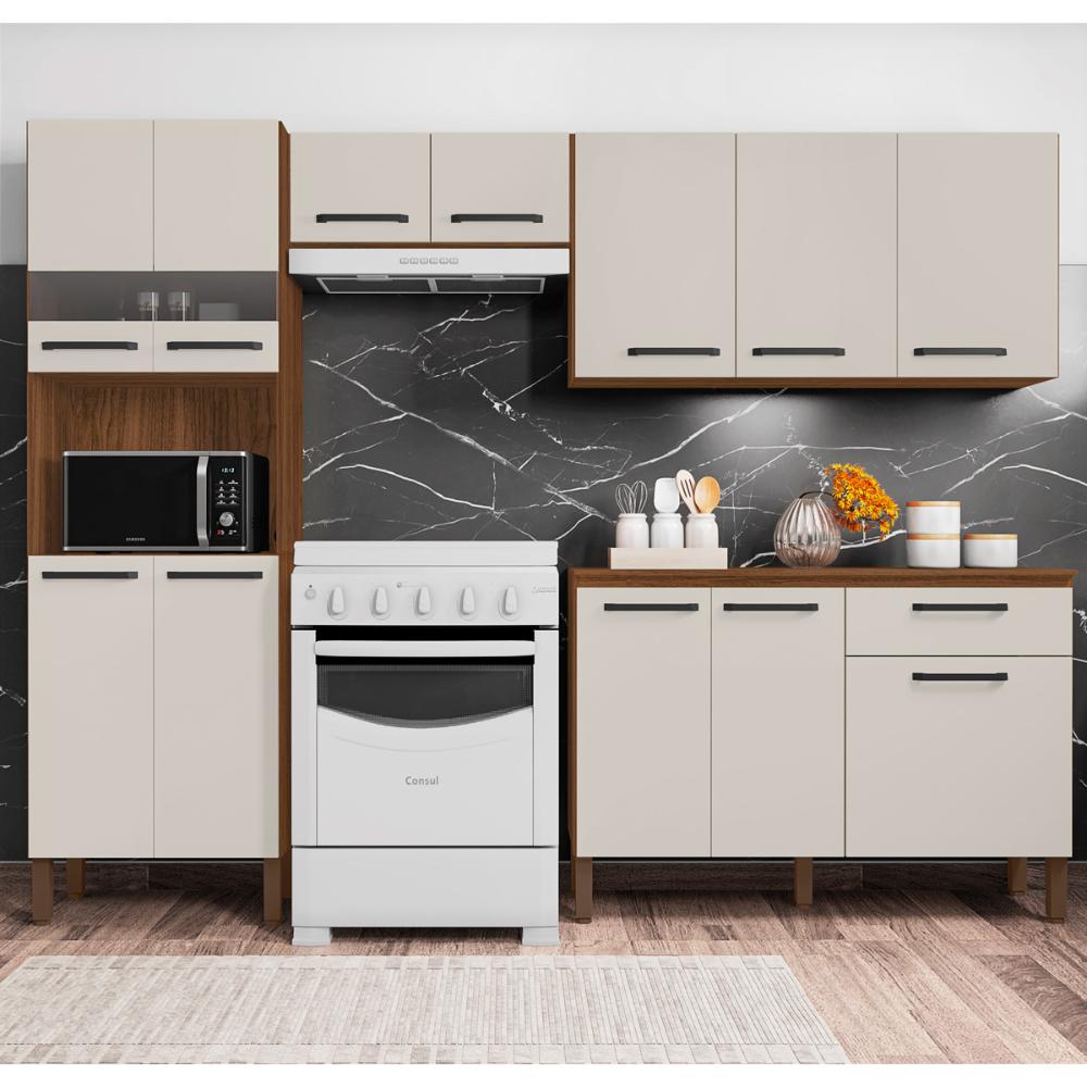 Cozinha Completa Compacta 12 Portas e 1 Gaveta Nogueira Off White Versalhes Kits Paraná