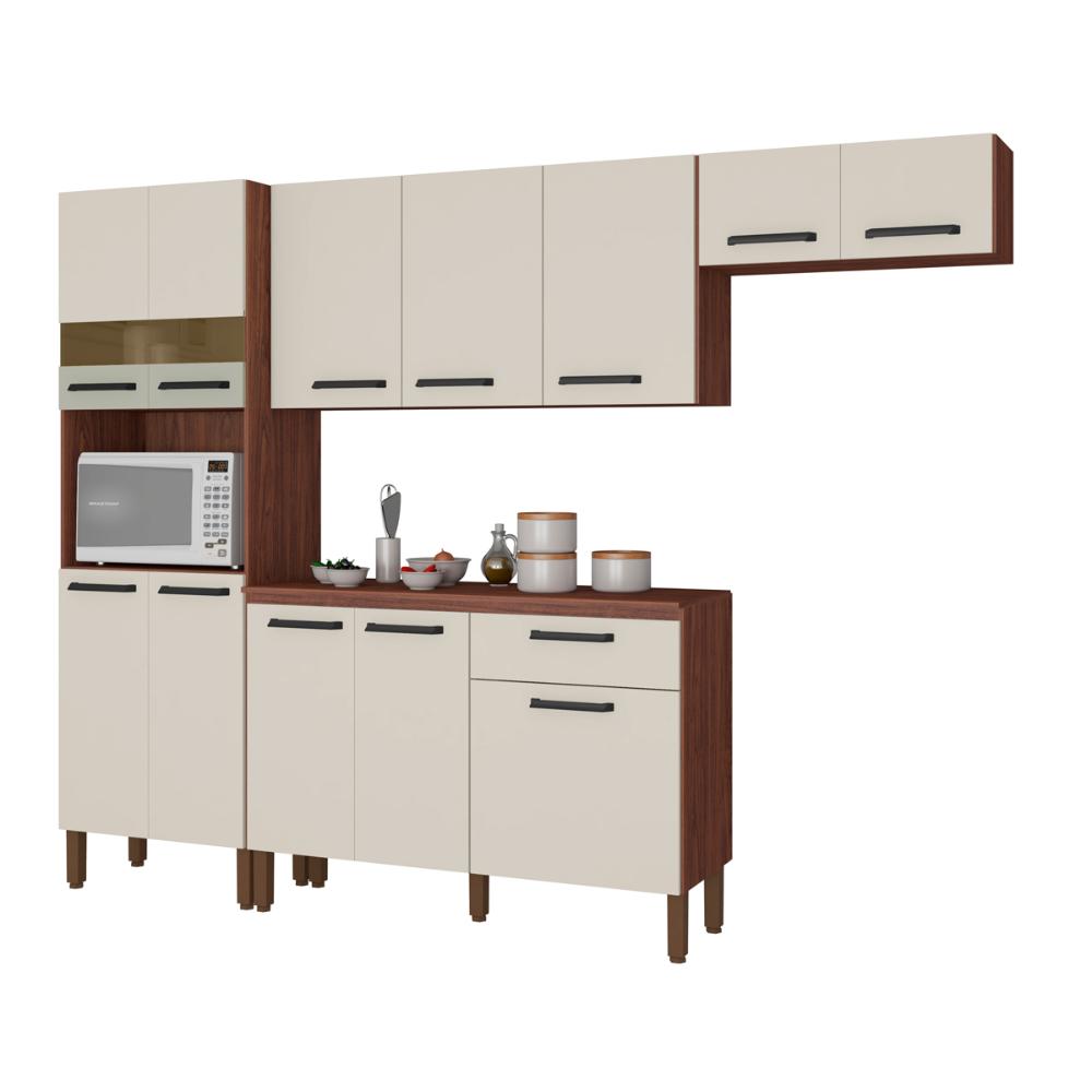 Cozinha Completa Compacta 12 Portas e 1 Gaveta Nogueira Off White Versalhes Kits Paraná