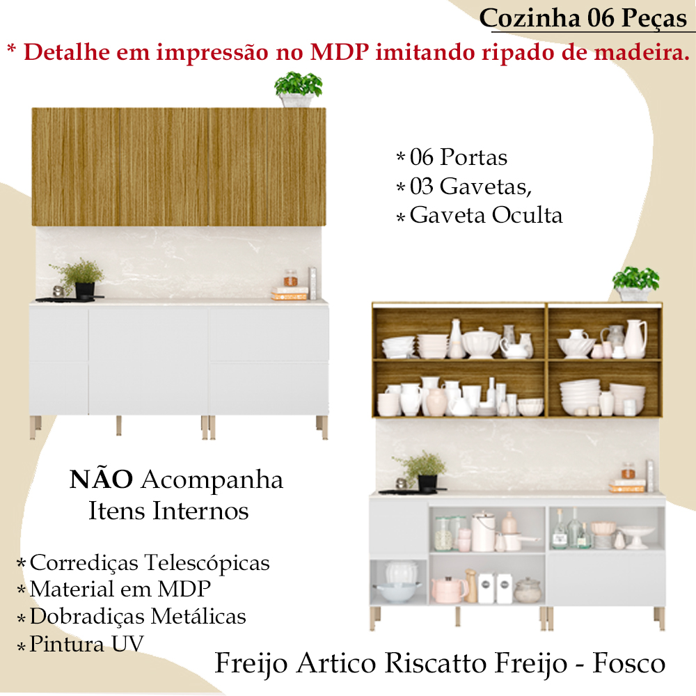 Cozinha Modulada 06 Peças 222cm 3035ART Freijo Artico Riscatto Freijo KTP