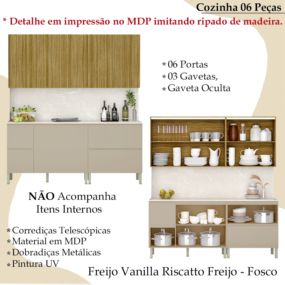 Cozinha Modulada 06 Peças 222cm 3035ART Freijo Vanilla Riscatto Freijo KTP