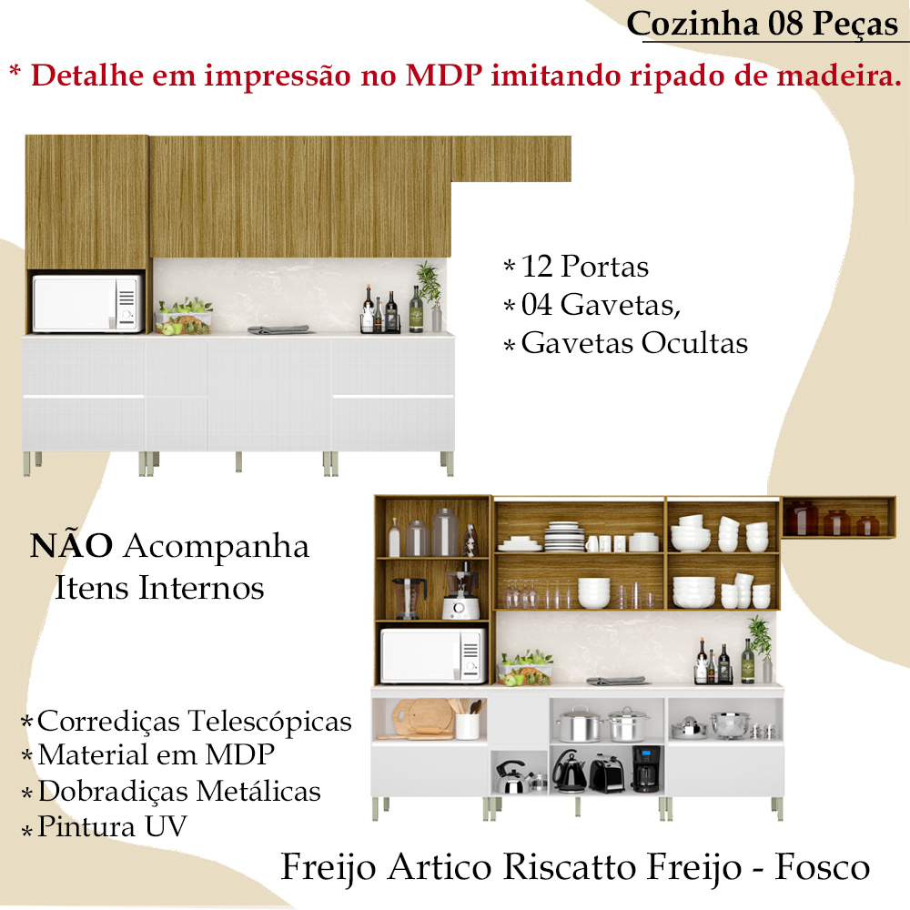 Cozinha Modulada 08 Peças 222cm 3033ART Freijo Artico Riscatto Freijo KTP