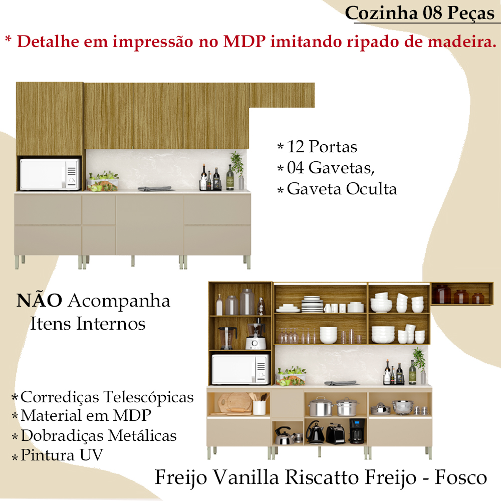 Cozinha Modulada 08 Peças 222cm 3033ART Freijo Vanilla Riscatto Freijo KTP