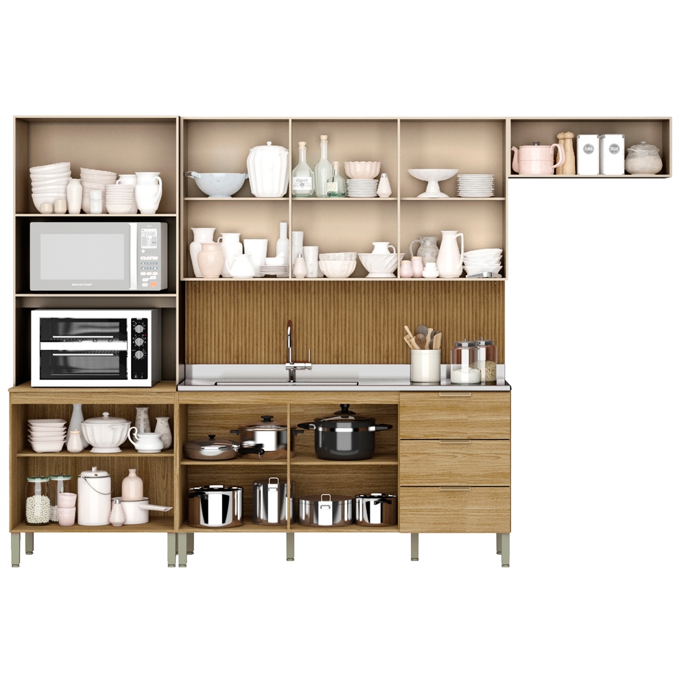 Cozinha Modulada 10 Portas 320cm 2990 Freijo Vanilla Ripado KTP
