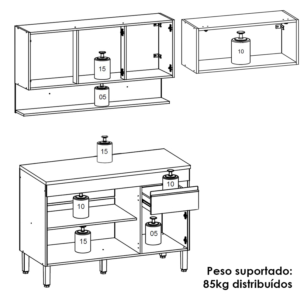 Cozinha Modulada 3 Pecas Balcao Com Tampo Line Gris Cp Freijo KTP