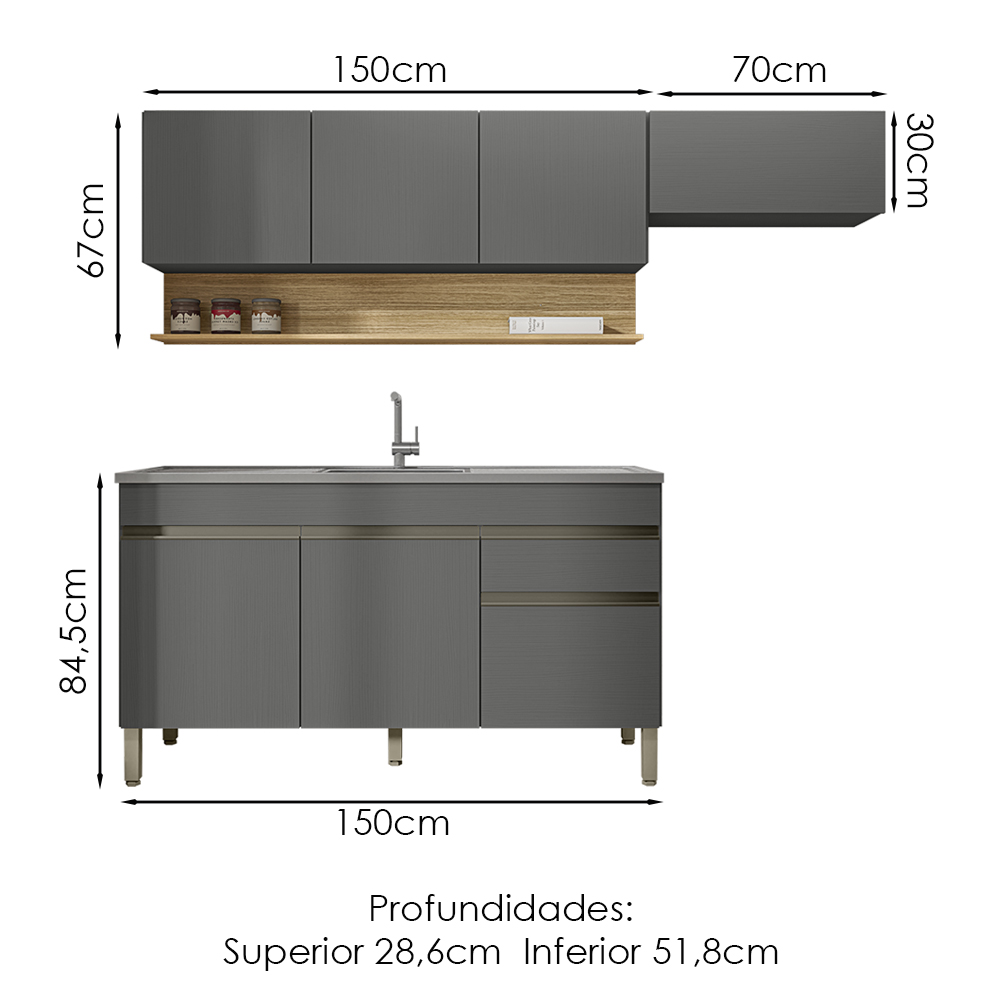 Cozinha Modulada 3 Pecas Com Balcao Pia Line Gris Cp Freijo KTP