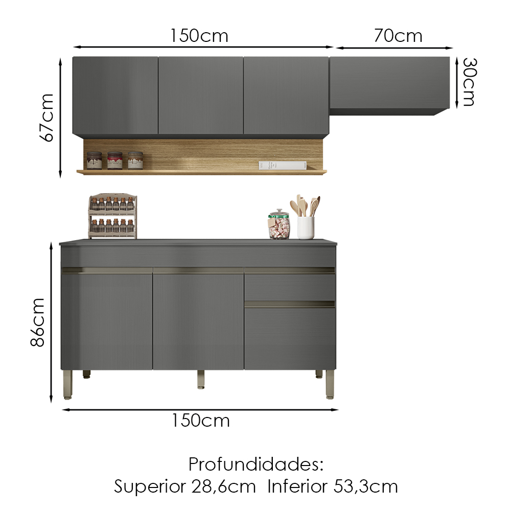 Cozinha Modulada 3 Pecas Com Balcao Tampo Line Gris Cp Freijo KTP