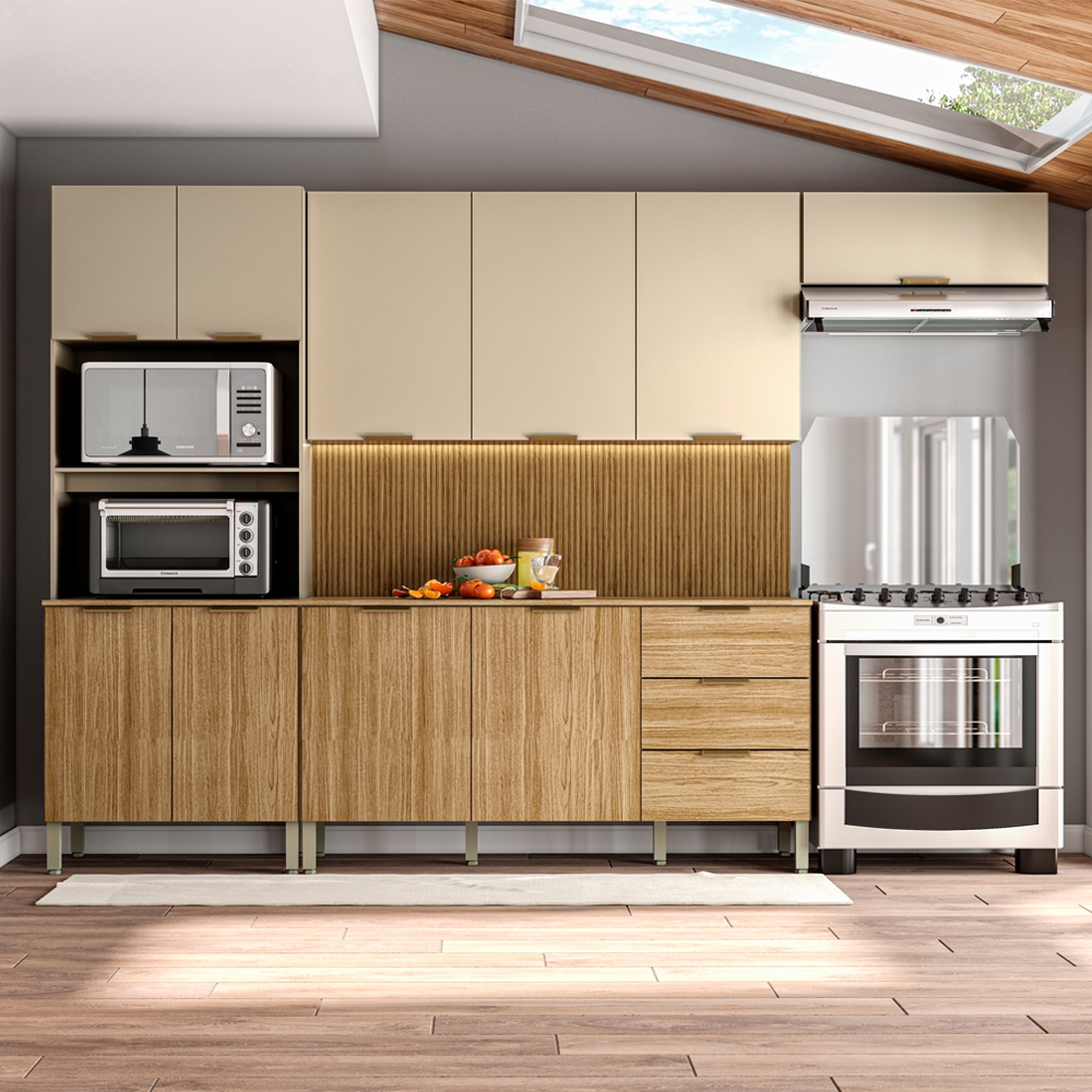 Cozinha Modulada 320cm 10 Portas 2995 Freijo Vanilla Ripado KTP