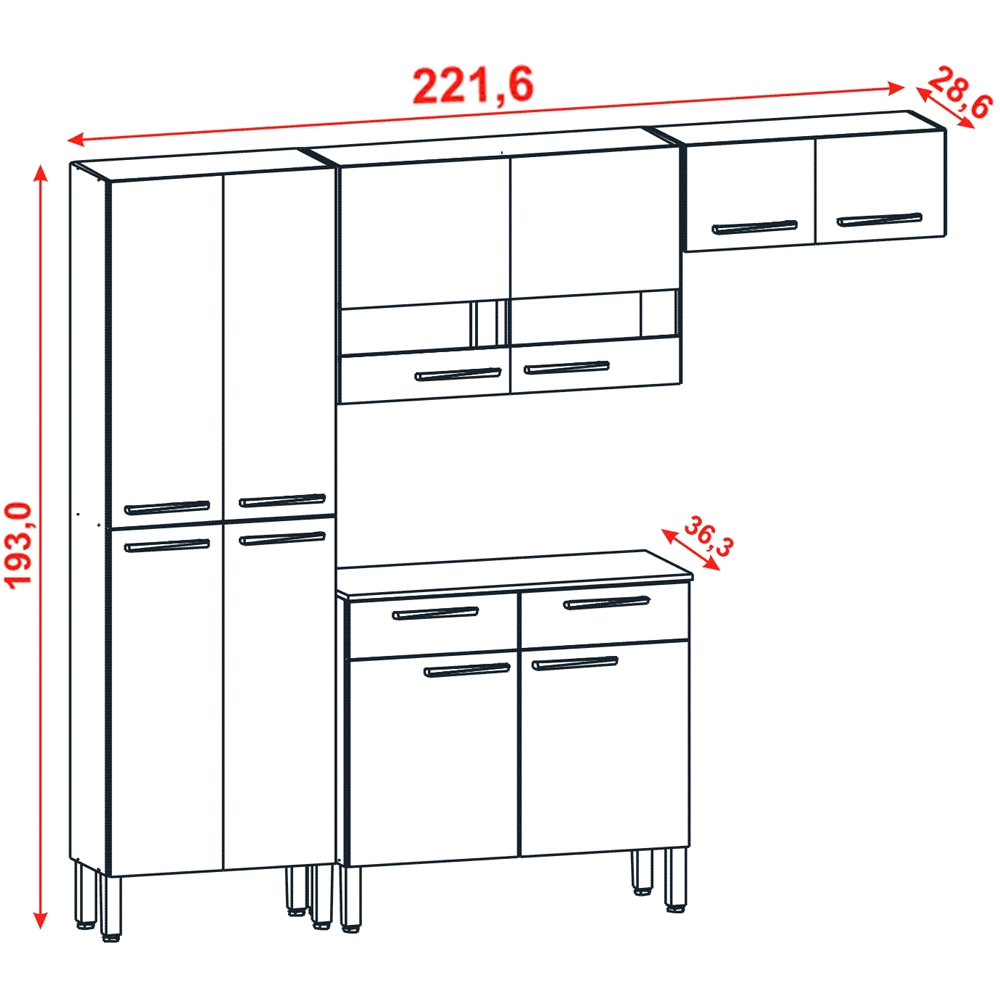 Cozinha Modulada 4 Peças 222cm 2936 Freijo Gris KTP
