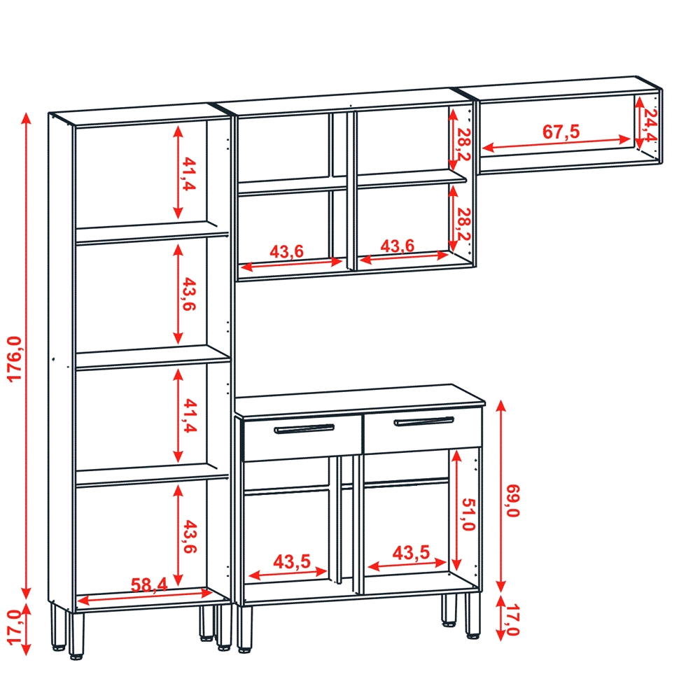 Cozinha Modulada 4 Peças 222cm 2936 Freijo Gris KTP