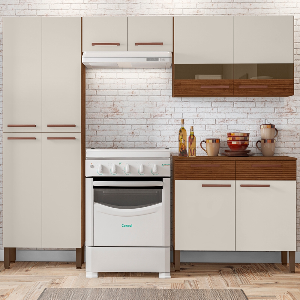 Cozinha Modulada 4 Peças 222cm 2936 Nogueira Off White Ripado KTP