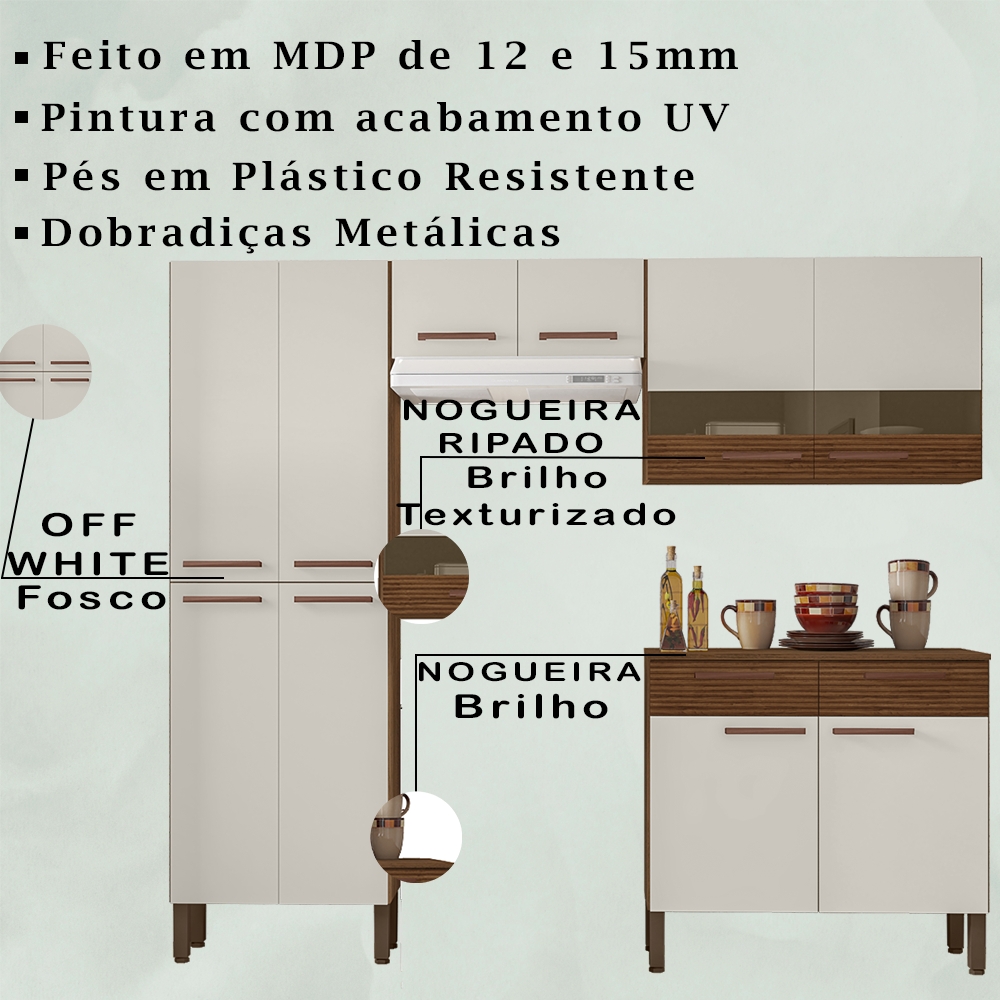 Cozinha Modulada 4 Peças 222cm 2936 Nogueira Off White Ripado KTP
